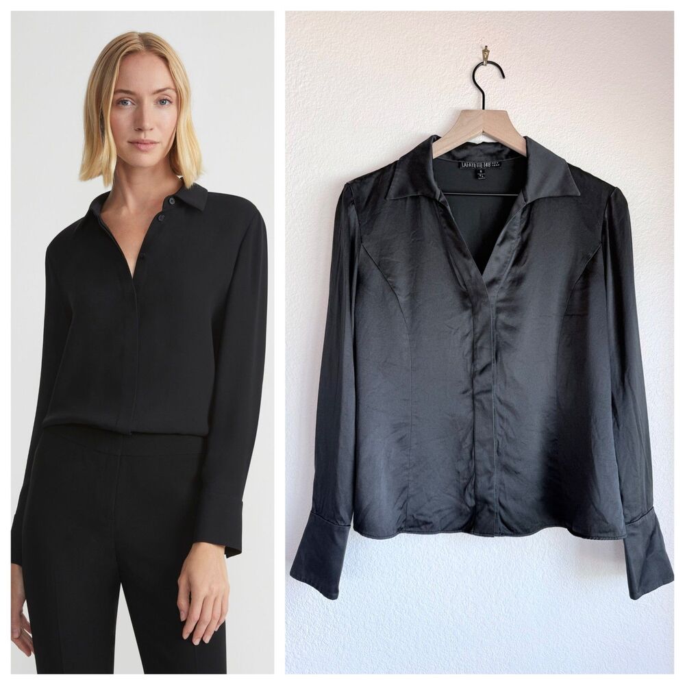 Lafayette 148 New York Black Silk Charmeuse Blouse Size 6 V-Neck Flare Cuff EUC